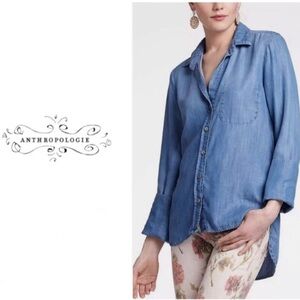 Anthropologie elevenses, Size:M, Blue Denim Wash Button Down Blue Shirt